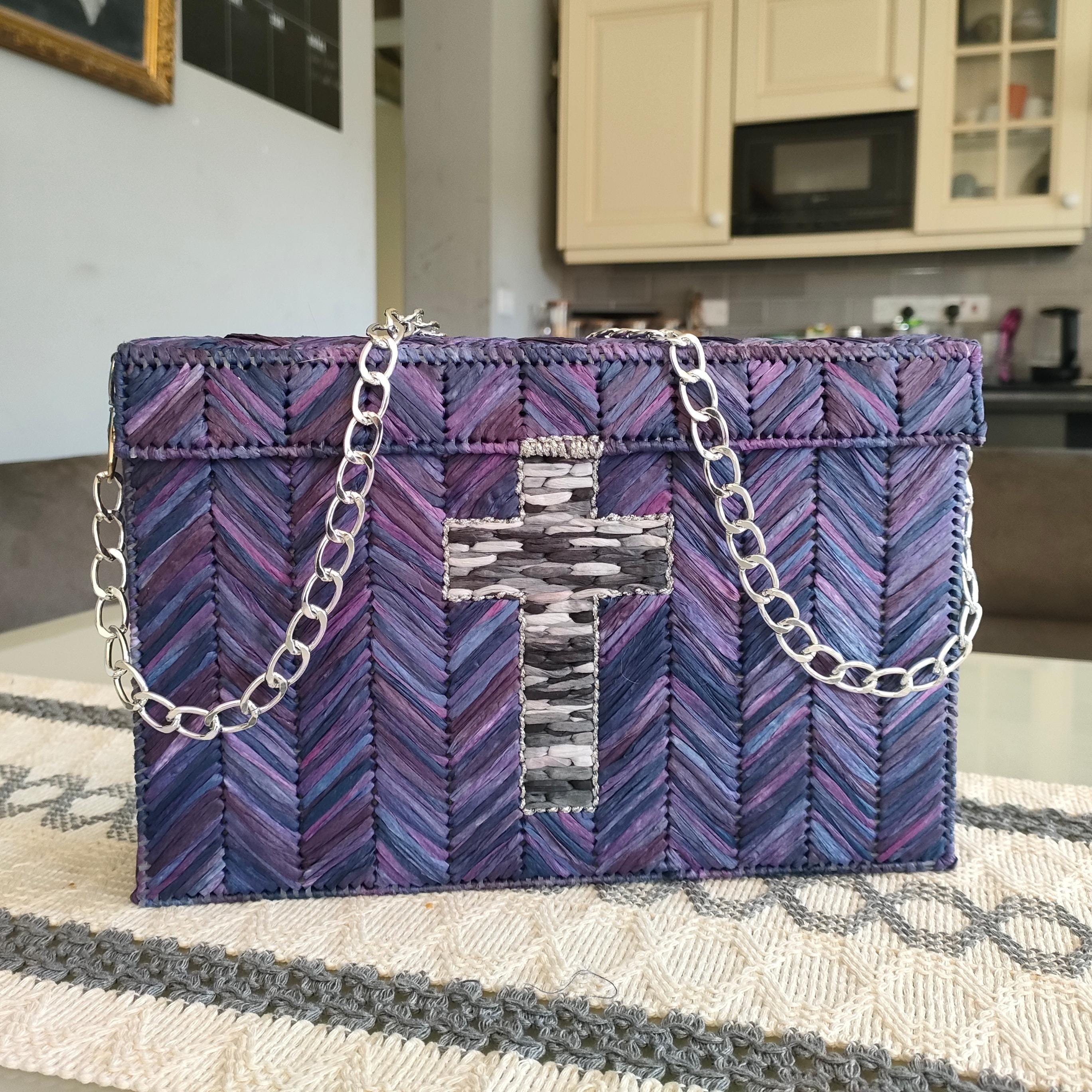 Handmade Bible / Book Bag / Shoulder Bag / Woven on Plastic Canvas with King Cole Raffia in Amythyst  - For Display or Occasional Use