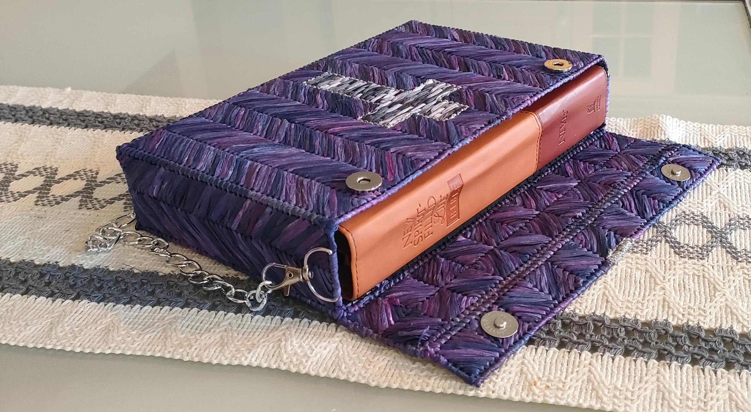 Handmade Bible / Book Bag / Shoulder Bag / Woven on Plastic Canvas with King Cole Raffia in Amythyst  - For Display or Occasional Use