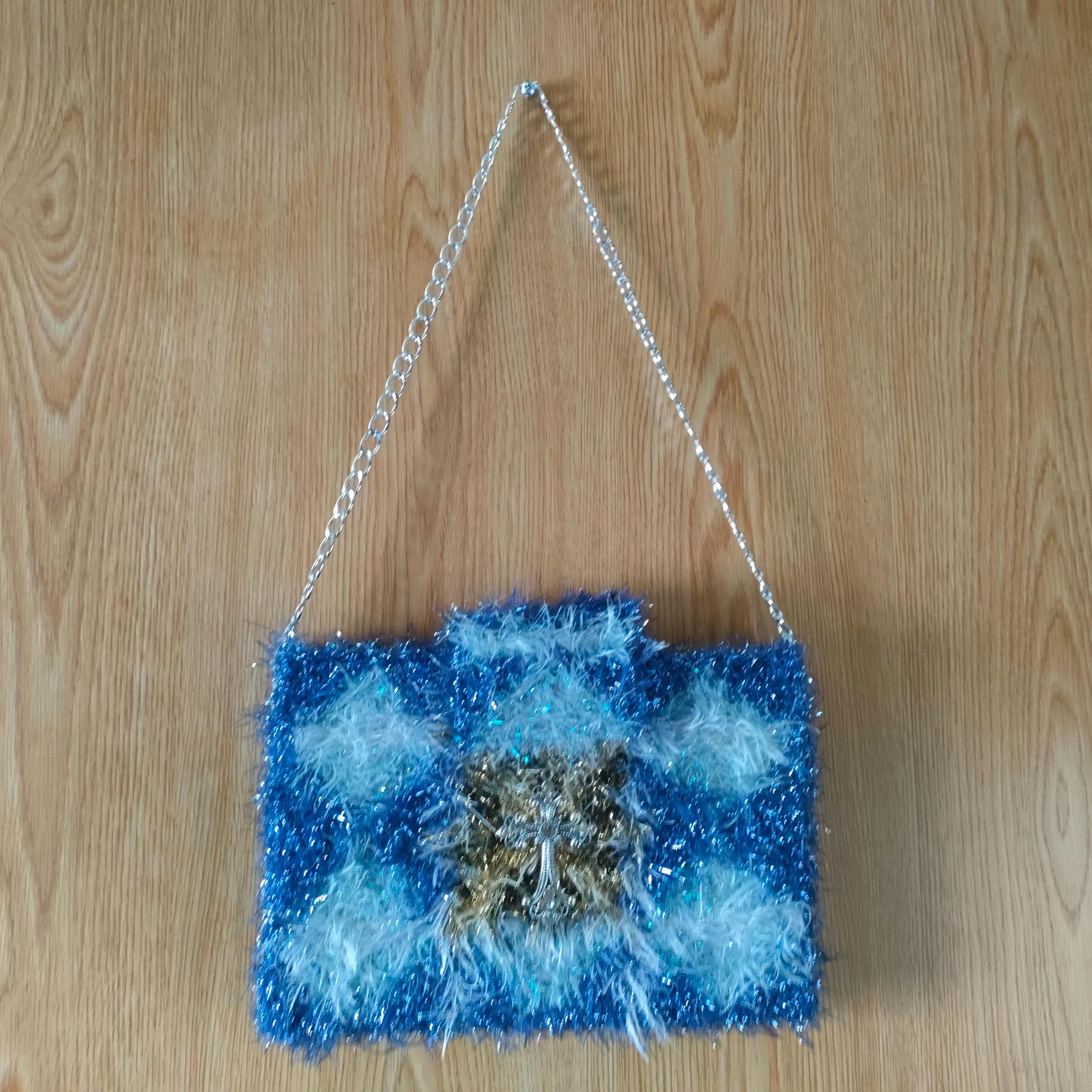 Handmade Bible / Book Bag / Shoulder Bag / Tinsel Eyelash Yarn Woven on Plastic Canvas   - For Art Display or Occasional Use