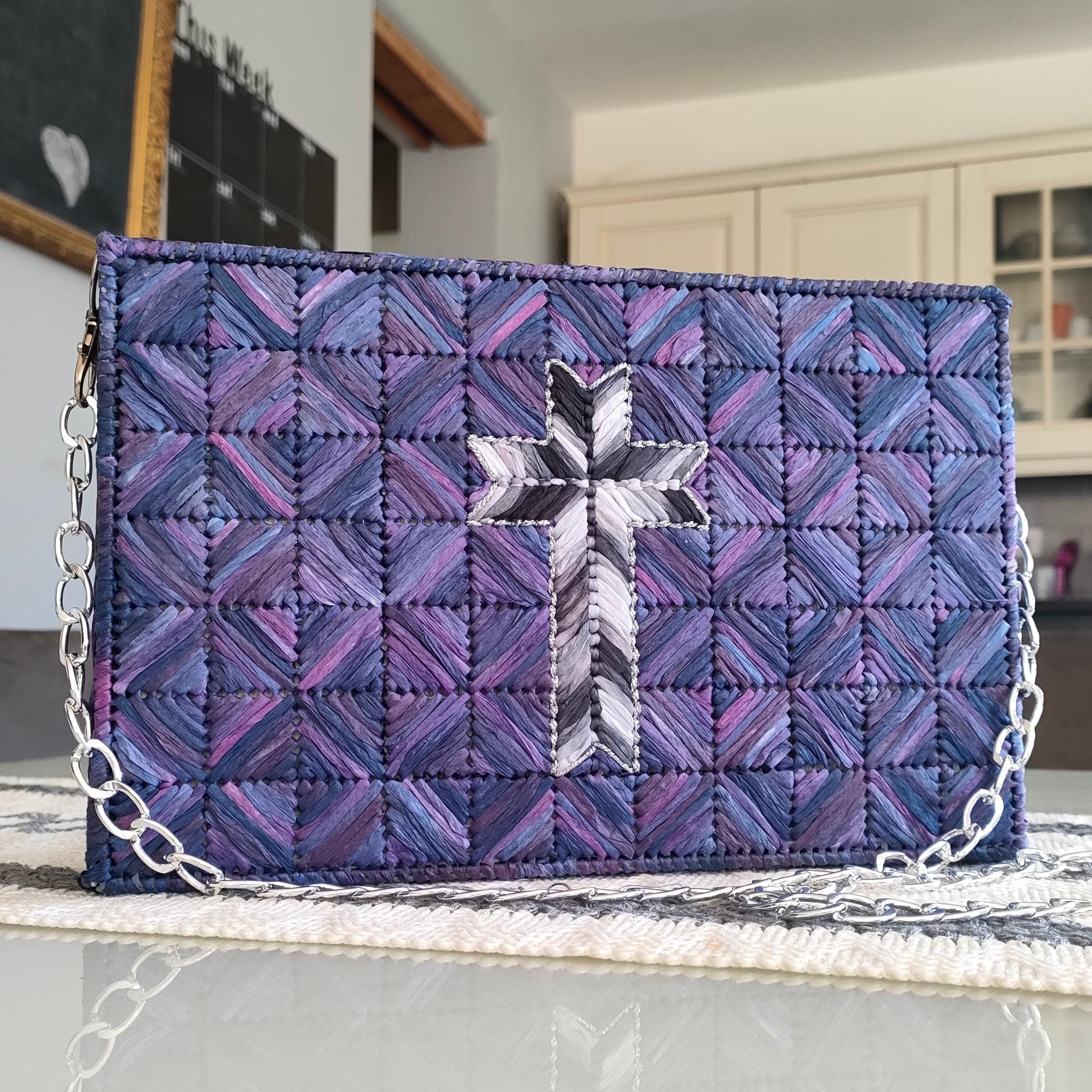 Handmade Bible / Book Bag / Shoulder Bag / Woven on Plastic Canvas with King Cole Raffia in Amythyst  - For Display or Occasional Use